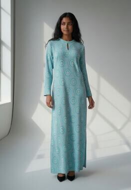 Vintage Bespoke 60s 70s Mod Maxi Dress Blue Geometric Handmade S M Groovy